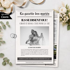 May include: A wedding invitation template designed as a newspaper titled La gazette des mariés. It features a black and white photograph of a couple, the text Ils se disent oui, Chloé et Hugo, c'est pour la vie, and event details for 15 June 2025.