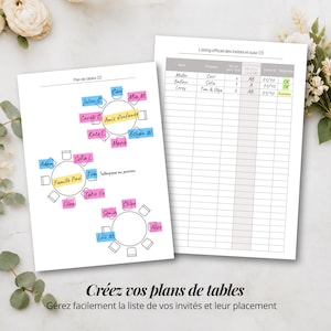 May include: A wedding seating chart planner featuring two pages. One page displays circular table layouts with names on coloured labels, while the other page shows an official guest list tracker with columns for names, guest counts, and RSVP status.