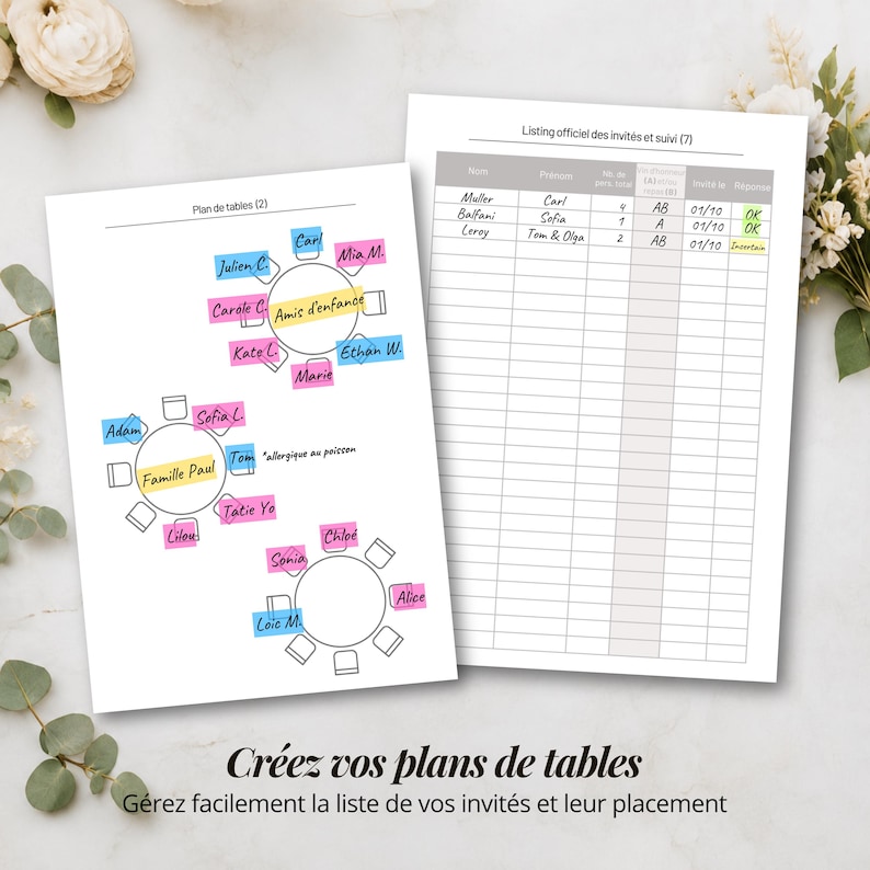 May include: A wedding seating chart planner featuring two pages. One page displays circular table layouts with names on coloured labels, while the other page shows an official guest list tracker with columns for names, guest counts, and RSVP status.