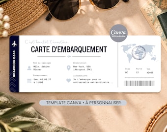 May include: A white boarding pass template with dark blue text reading CARTE D'EMBARQUEMENT, featuring a world map graphic, a barcode, and placeholder details for passenger name, destination, date, time, gate, and flight number A2025.