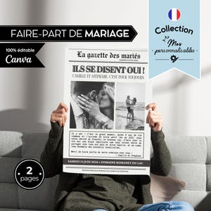 Wedding Gazette in French | Original invitation to personalize | 100% customizable wedding newspaper template | Canva template