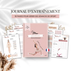 May include: A pink training journal with 18 pages for tracking fitness sessions. The cover features the text "JOURNAL D'ENTRAÎNEMENT" and "Mon JOURNAL d'entraînement" with an illustration of a person in a lunge pose. Includes various interior pages.