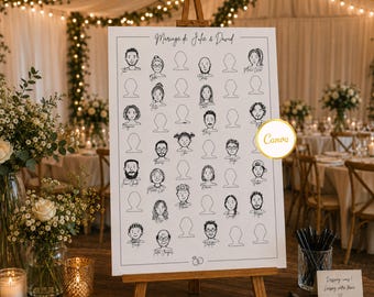 May include: A white rectangular sign on a wooden easel featuring the text Mariage de Julie & David at the top. The sign displays a grid of black line-drawn portraits of various people with names underneath, interspersed with empty head outlines.