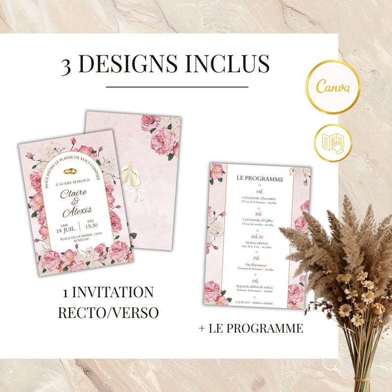 Invitación de boda personalizable en francés | Invitación de ceremonia imprimible de tres páginas | Diseño elegante | Invitación + programa imagen 3