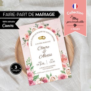 Faire-part de mariage personnalisable en français | Invitation cérémonie trois pages à imprimer | Modèle élégant | Invitation + déroulé