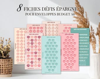 Retos de ahorro para sobres de presupuesto | 8 hojas de ahorro | Reto de presupuesto imprimible con rastreadores | Euros | Versión a color