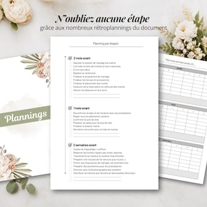 May include: A wedding planning document featuring a checklist titled Planning par &eacute;tapes with sections for 2 mois avant, 1 mois avant, and 2 semaines avant. The page includes text N'oubliez aucune &eacute;tape and floral accents in white and green.
