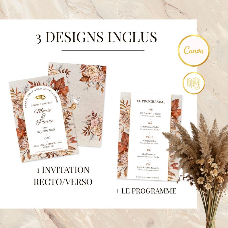 Customizable wedding invitation in French | 3-page printable ceremony invitation | Elegant design | Invitation + program, Canva image 3