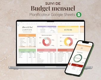 May include: A laptop and a smartphone displaying a monthly budget tracker spreadsheet. The screen shows tables, pie charts, and financial data labeled with text including SUIVI DE Budget mensuel and Planificateur Google Sheets.