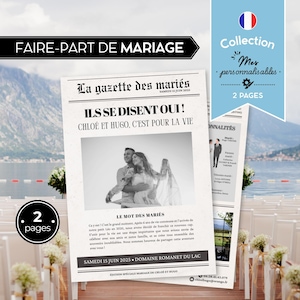 Wedding Gazette in French | Original invitation to personalize | 100% customizable wedding newspaper template | Canva template