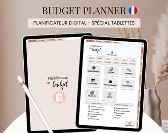 May include: Two digital tablets displaying a budget planner interface with a white stylus pen. The screens show text including BUDGET PLANNER, PLANIFICATEUR DIGITAL - SPÉCIAL TABLETTES, Planificateur de budget, and various financial categories.