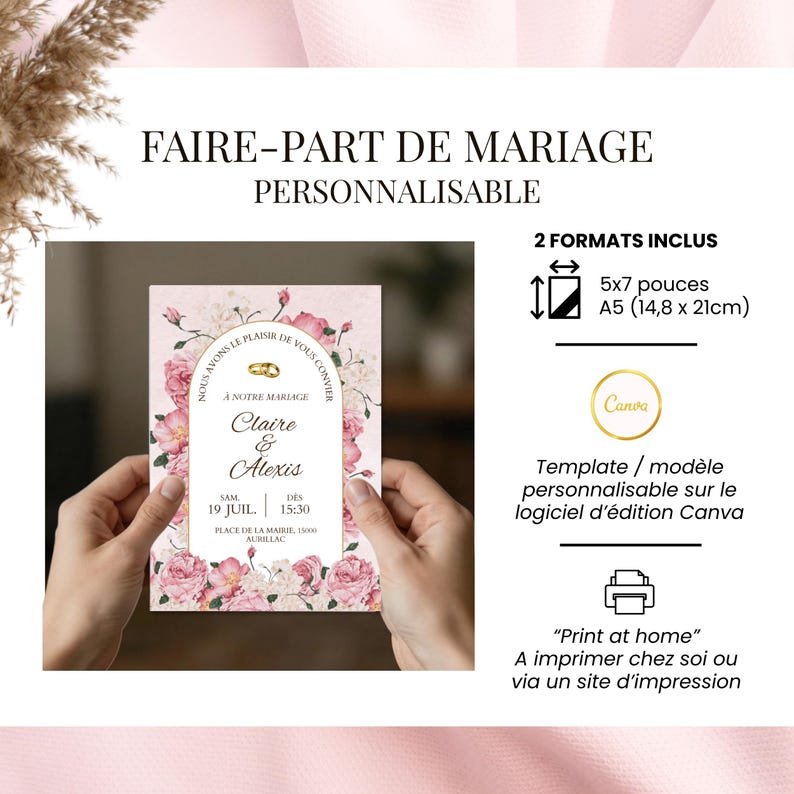 Invitación de boda personalizable en francés | Invitación de ceremonia imprimible de tres páginas | Diseño elegante | Invitación + programa imagen 2