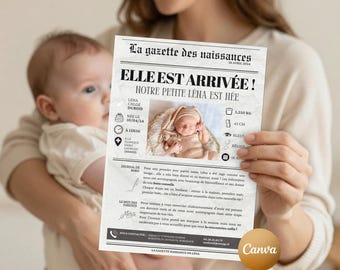 Customizable A4 Birth Announcement Gazette | Original Personalized Birth Announcement | Birth Announcement Journal in French | Canva Template