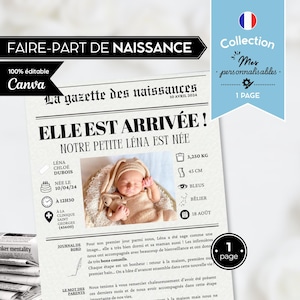 Birth Gazette in French | Original birth announcement to personalize | Customizable birth announcement journal | Canva template