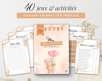 May include: A set of 40 printable baby shower game cards featuring a central card with a teddy bear holding two pink heart balloons. The cards include titles like Mots mêlés, Qui suis-je, Blind test, Bingo Party, and Maman ou papa, with soft peach accents.