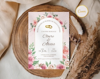 Customizable wedding invitation in French | Three-page printable ceremony invitation | Elegant design | Invitation + program