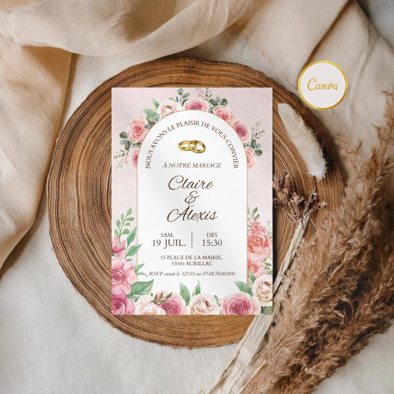 Faire-part de mariage personnalisable en français | Invitation cérémonie trois pages à imprimer | Modèle élégant | Invitation + déroulé
