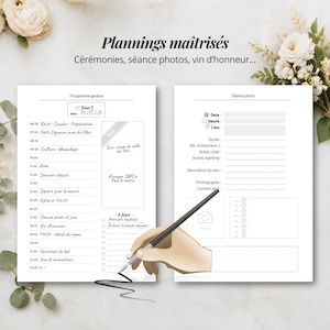 May include: Two white wedding planning sheets with black text. The left sheet lists a schedule from 06:00 to 23:00 with a to-do section. The right sheet includes fields for photo session details. A hand holds a black pen writing on the paper.