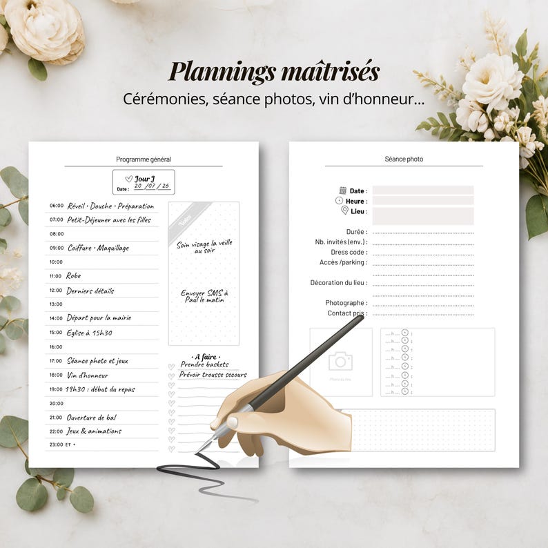 May include: Two white wedding planning sheets with black text. The left sheet lists a schedule from 06:00 to 23:00 with a to-do section. The right sheet includes fields for photo session details. A hand holds a black pen writing on the paper.