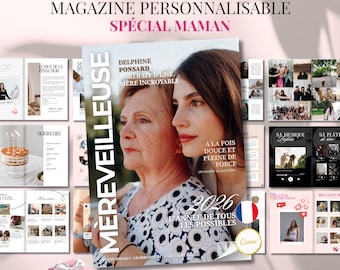 May include: A personalized magazine cover with the text "SPÉCIAL MAMAN" and "MEREVEILLEUSE". The cover features a portrait of two women. Additional pages show photos and text. A pink gift box with a white bow is in the foreground. The text "IDÉE CADEAU TENDANCE • 50 PAGES" is also visible.