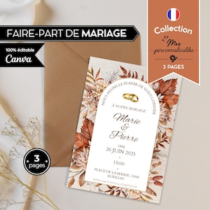 Faire-part de mariage personnalisable en français | Invitation cérémonie trois pages à imprimer | Modèle élégant | Invitation + déroulé