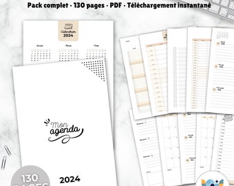 Complete pack Agenda 2024 in French, 52 weeks and monthly calendars, practical sheets, 130 pages to print