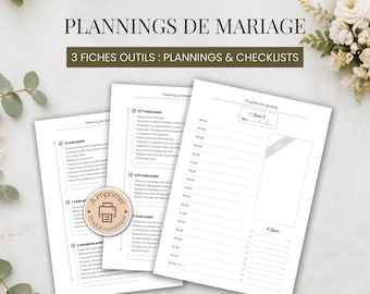 May include: Three white wedding planning sheets with black text, including checklists and a daily schedule. The pages feature headers like Planning par étape and Programme général, with a circular beige stamp that reads A imprimer produit numérique.