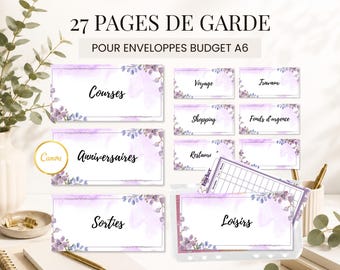 May include: A set of 27 A6 budget envelope cover pages featuring a purple watercolor floral design. The text includes 27 PAGES DE GARDE POUR ENVELOPPES BUDGET A6, Courses, Anniversaires, Sorties, Voyage, Shopping, Restauration, Travaux, Fonds d'urgence, and Loisirs.