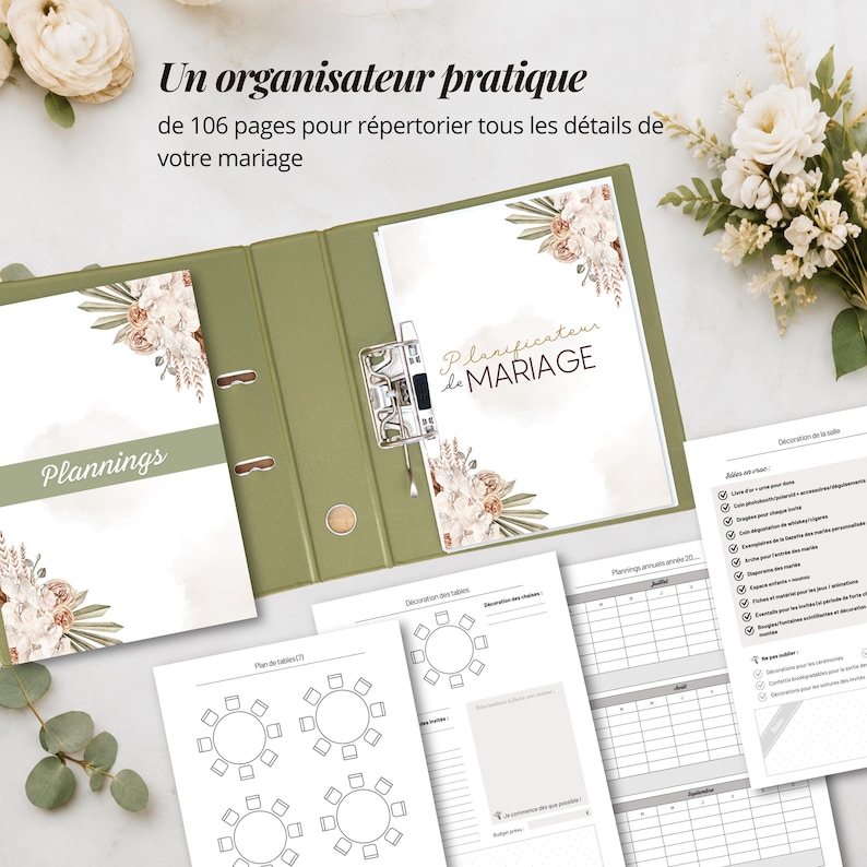 May include: An olive green binder containing 106 pages for wedding planning, featuring floral illustrations and the text Planificateur de MARIAGE. Includes loose sheets with table seating charts, monthly calendars, and checklists for venue decor.