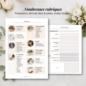 May include: A wedding planner organiser page featuring a table of contents with nine sections including introduction, planning, schedule, vendors, attire, guests, decor, budget, and finalisation, alongside a venue information form page.