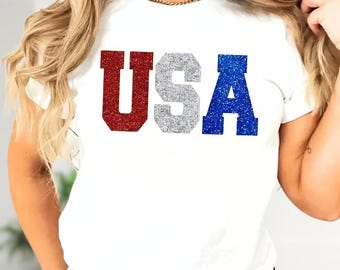 Sparkling USA T-Shirt (Print Shirt Not Real Giltter), Patriotic Glitter Tee, Rhinestone 4th of July Gift
