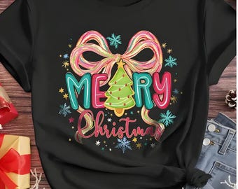 Comfort Colors Colorful Xmas "Merry" Sweatshirt, Merry Xmas Sweatshirt, Coquette Boho Merry Christmas Tree Bow shirt, Xmas Tree T-shirt