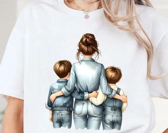 Mom Hugging Two Sons From Behind T-Shirt, Heartwarming Motherhood Family Love Graphic Shirt, Soft Watercolor Mom And Boys Illustration