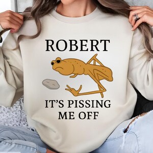 May include: Beige sweatshirt with the text "ROBERT" above a cartoon frog and the phrase "IT'S PISSING ME OFF" below. The frog is light brown with a grumpy expression and is next to a small gray stone.