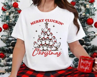 Comfort Colors Merry Cluckin' Christmas Shirt, Funny Farmhouse Chickens Christmas Tree Tee, Chicken Lover Gift, Christmas Sweatshirt