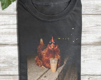 Comfort Colors Chicken Drinking Iced Coffee Shirt, Funny Chicken Hoodie, Sarcastic Farm Animal Sweatshirt, Coffee Lover Gift