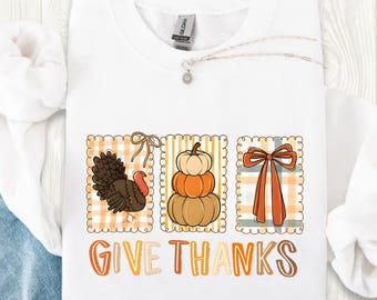 Comfort Colors Coquette Give Thanks Sweatshirt,  Thanksgiving Shirt, Fall Thanksgiving Pumpkin Shirt, Whimsical Doodle Thanksgiving shirt