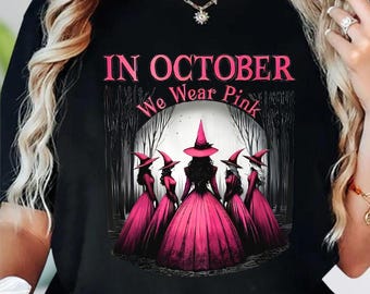 In October We Wear Pink Shirt, Halloween Witch Forest Moon T-Shirt, Spooky October Hoodie, Retro Witchy Sweatshirt, Fall Aesthetic Tee