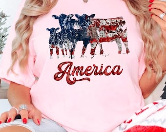 American Flag Cows T-Shirt, 4th Of July Tee, Patriotic Farm Apparel