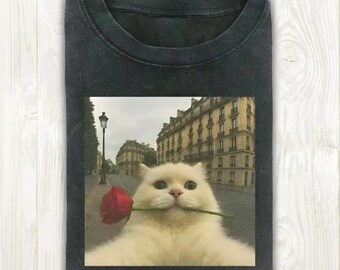 Retro Funny Cat With Rose Shirt, Humor Cat Lover T-shirt, Funny Cat Meme Shirt, Cool Cat Shirt, Silly Cats Tshirt, Vintage Kitty Shirt