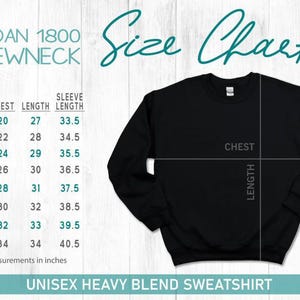 The image is a size chart for a GILDA 1800 Crewneck Sweatshirt, which is a heavy blend sweatshirt. The chart provides measurements for chest, sleeve, and length in inches, along with a labeled diagram of the sweatshirt.