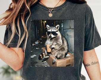 Comfort Colors Raccoon Drinking Iced Coffee Shirt, Retro Prehistoric Shirt, Gift For Animal Lover, Funny Animal Meme Tee, Coffee Raccoon Tee