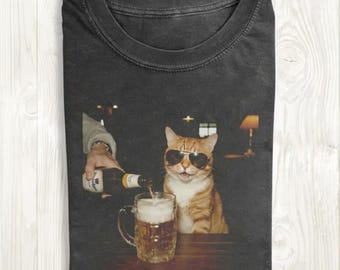 Funny Cat Drinking Beer Shirt, Cat Lover Gift, Retro Bar Cat Sweatshirt, Meme Cat Tee, Gift for Cat Dad