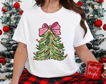 Comfort Colors Women's Xmas Sweatshirt, Xmas Tree Coquette Bow Graphic Tee, Christmas Tree Shirt, Xmas Tree Shirt, Cute Festive Tree shirt