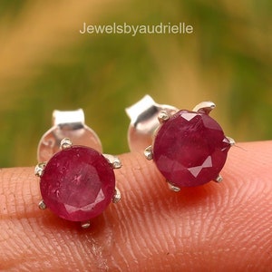 Ruby Stud Earrings, 925 Sterling Silver Jewelry, Round Gemstone Earrings, Stud Earrings, Handmade Studs, Wedding Gift, Earrings For Love