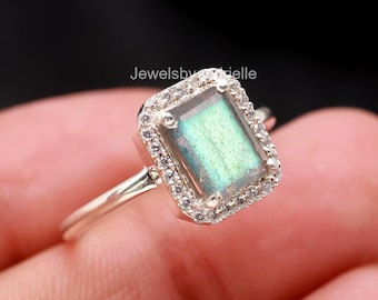 Ring labradoriet, 925 sterlingzilveren ring, statementring, solitairering, rechthoekige edelsteenring, handgemaakte vrouwensieraden, cadeau voor haar
