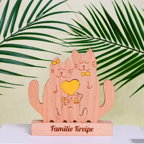 Personalized Cat Family Wooden Puzzle Custom Animal Figurines Wooden Cat Carvings Mother's Day Gift For Parents Kids Gift 3D Animal Art