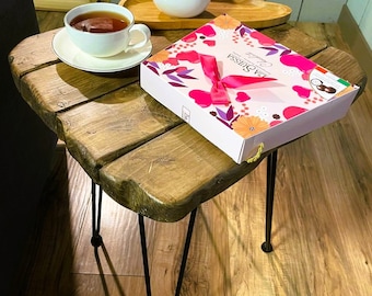 Rustic End Table, Carved Night Stand, Live Edge Side Table, Rustic Night Stand, Wooden Bedside Table, End Table With Metal Hairpin Legs