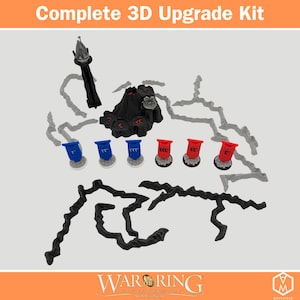 May include: A Complete 3D Upgrade Kit with various miniature game pieces. The set includes a black volcano, blue and red cylindrical pieces, and gray lightning bolt shapes. The text "WAR RING" is visible at the bottom.