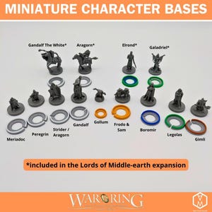 Op de afbeelding: Miniatuur karakter basissen met figuren van Gandalf, Aragorn, Elrond en Galadriel. Inclusief figuren van Gollum, Frodo & Sam, Boromir, Legolas en Gimli. De tekst luidt "MINIATURE CHARACTER BASES" en "included in the Lords of Middle-earth expansion."